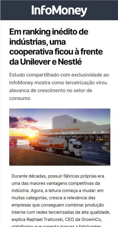 InfoMoney: Em ranking inédito de indústrias, uma cooperativa ficou à frente da Unilever e Nestlé