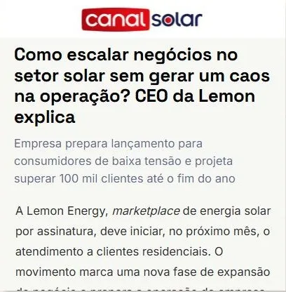 Canal Solar: Como escalar negócios no setor solar sem gerar um caos na operação? CEO da Lemon explica
