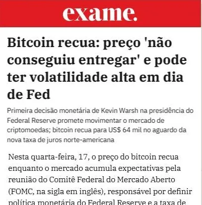 Exame: Bitcoin recua: preço ‘não conseguiu entregar’ e pode ter volatilidade alta em dia de Fed